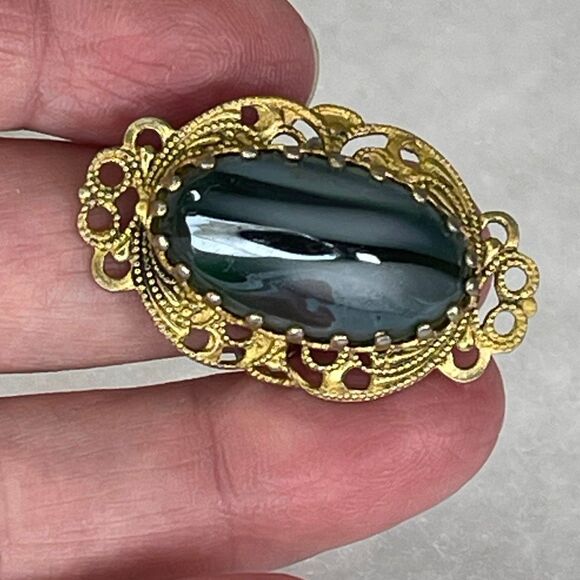 Vintage size 6.5 filigree striped cabochon stone ring. - Picture 2 of 9